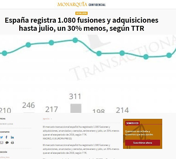 Espaa registra 1.080 fusiones y adquisiciones hasta julio, un 30% menos, segn TTR